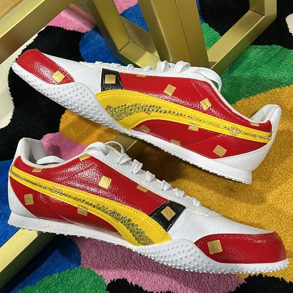 Gently used custom made shoes for women red yellow and gold painted flakes - Picture 3 of 9